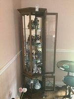 Front view of curio cabinet showing glass doors, shelves and decorative cornice