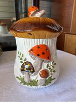 Front side view of the mushroom-shaped ceramic canister with colorful mushroom decorations.