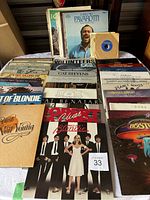 Photo showing vinyl records in their covers including Best of Blondie, Best of Neil Young, Cat Stevens, Pat Benatar, Robert Palmer, Blondie, Joni Vangelis.