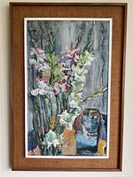 Full view of framed painting showing gladiolus flowers in vase