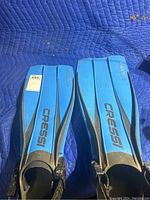Pair of blue Cressi diving flippers laid flat side by side showing branding and condition