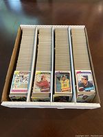 Overhead view of cardboard monster box with four compartments of 1980 Topps baseball cards