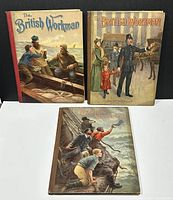 Three hardcover annual volumes titled The British Workman from 1904, 1905, and 1906 with color illustrated covers and red spine.