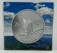 Front view of the sealed 2014 Canadian $20 silver coin showing the flying goose design and details including denomination, silver purity, year, and country.