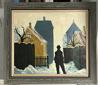 Full frontal view of framed painting showing snowy village scene with silhouetted figure