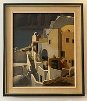 Framed painting hanging on a wall showing full composition and frame