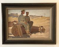 Framed painting showing two men seated on logs in desert-like landscape