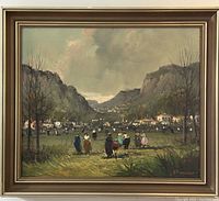 Full view of framed oil on canvas landscape painting showing valley, crowd of people, mountains, sky, with signature at bottom right.