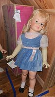 Full view of the doll in blue dress leaning against its box on wood floor.