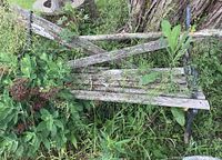 Front angled view of a long outdoor bench with cast iron ends and wooden slats overgrown by plants, showing damage and weathering.