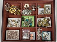 Overview of all costume jewelry items in compartments within a divided tray showing earrings, pendants, and chains sorted mostly by type.