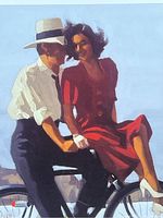 Close-up of the poster artwork showing a man in a white shirt and hat holding hands with a woman in a red dress on a bicycle.