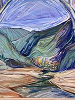 Close-up of the painting showing the brush strokes and abstract depiction of mountains and stream with dominant blue and green colors.