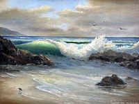 Close up of seashore oil painting showing waves crashing and sea birds flying with a rock beach in foreground.
