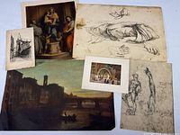 Six vintage Italian prints displayed on white surface showing various subjects including landscapes, anatomical sketches, and architectural scenes.