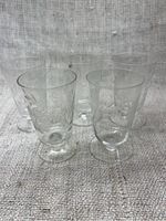 Five clear glasses with etched cornflower floral design on a textured beige fabric background