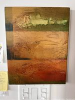 Full view of canvas showing three horizontal color bands and textured fish shapes