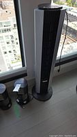 Tall black Bionaire tower fan and two smaller black fans on the floor near a window