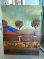 Front view of painting showing abstract landscape and stylized trees