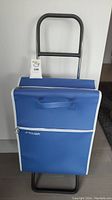 Front view of the blue Rolser grocery cart showing the handle, bag, and a tag number 598.