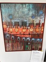 Full front view of framed oil painting showing abstract cityscape composition