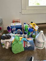 Wide shot showing full lot of assorted cleaning supplies, including bottles, sprays, microfiber towels, wipes, and bleach.