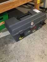 Closed grey Plano toolbox showing the exterior and handle.