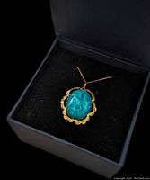 Pendant and chain displayed in a black jewelry box against dark background.