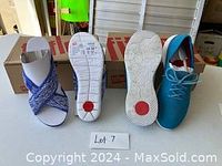 Blue sandals and blue running shoes, showing soles of both pairs and front angle of sandals and runners