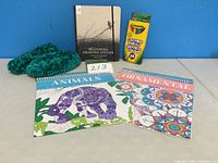 Books, colored pencils, and slippers arranged against a blue backdrop, showing front covers and packaging