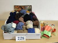 Photo showing a box filled with assorted yarn skeins in various colors and textures, partially visible vintage knitting books behind the yarn, and colorful knitting needle sets to the right.