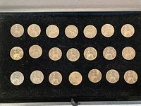 Full display case showing 21 large pennies arranged in rows on black felt material inside a case.