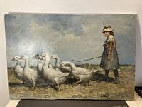 Full view of the oil painting showing a young girl and six geese on dirt ground under a cloudy sky.