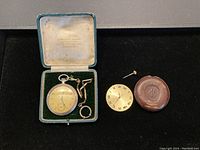 Overview of pocket watch, chain with ring, spare dial, winding stem, leather pouch in presentation box