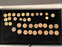 Overview of most coins arranged on black felt in rows showing variety of sizes and tones.