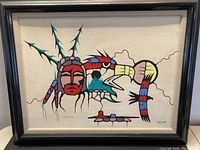 Full front view of the framed original First Nations artwork featuring traditional style with human and bird imagery.