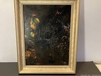 Frontal view of the original oil painting showing the spider web and autumn leaves with the ornate gold frame.
