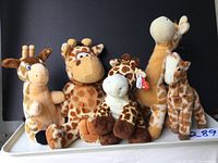 Entire set of five giraffe plush toys arranged side by side