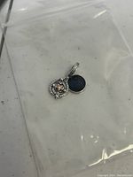 Two charm pieces placed inside a clear plastic bag on a white surface, showing front side of the charms