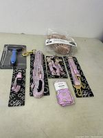 Lot contents with pet collar, leash, harness, grooming brush and chew toy