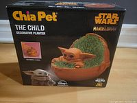 Front box view showing Baby Yoda in his cradle with chia sprouts grew, indicating the product is a decorative planter for growing chia on the figure.