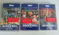 Front view showing colorful album cover art for 1956, 1957, and 1959 editions of The Rock 'N' Roll Era cassette albums with Double Length labeling.