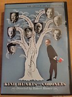 Front cover of Criterion Collection DVD case for "Kind Hearts and Coronets," depicting an illustrated family tree with portraits of Alec Guinness and a man holding an axe.