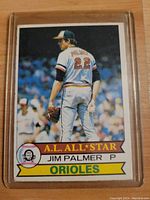 Front of 1979 Jim Palmer Orioles Topps baseball card showing player image and All-Star tag.