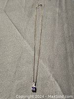 Full view of silver-tone chain necklace with pendant laid out flat on a grey surface.
