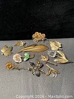 Photo showing 13 floral themed brooches arranged on black background, highlighting variety of leaf and flower designs, gold-tone metals, enamel paint, and faux stone accents.