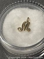 Small 14k gold 'M' shaped monogram pendant displayed in a round transparent container on a white cushion.