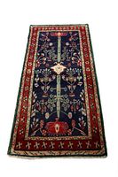 Full view of Hamadan small rug showing intricate floral and geometric patterns on a navy field with red borders.
