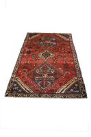 Full view of rectangular Persian Hamadan rug with multicolor geometric and floral designs on rust red background
