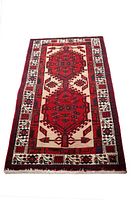 Full length view of rectangular Persian Sarab rug showing two red medallions on ivory and red background with geometric floral borders.